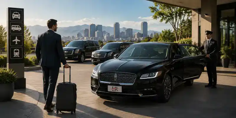 Business traveler with luggage choosing a luxury chauffeured sedan outside a hotel, highlighting premium transportation for intercity travel.